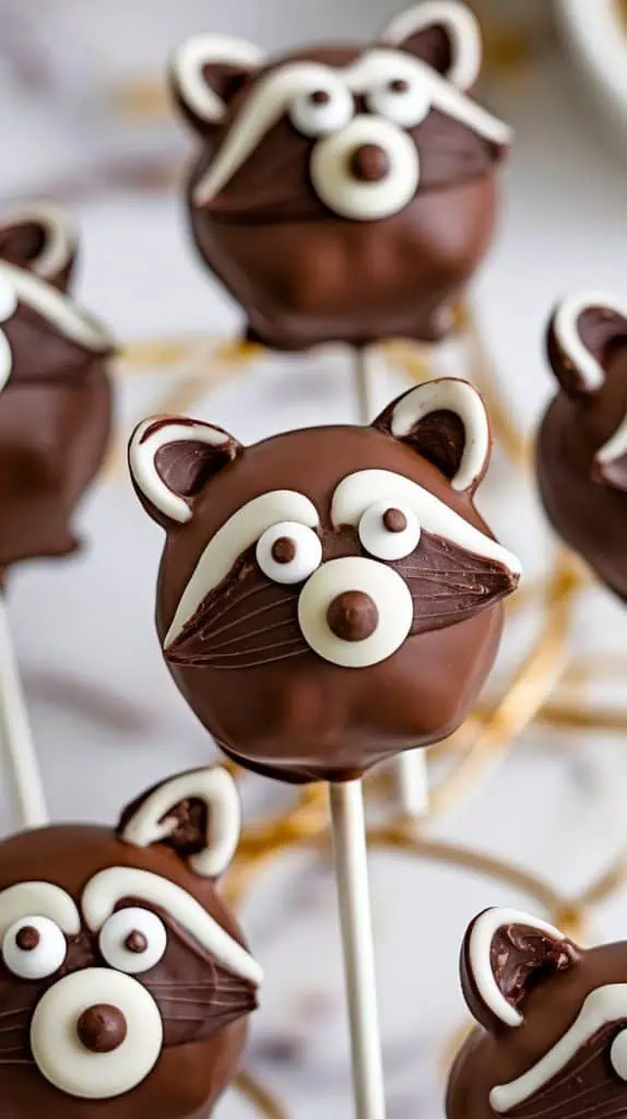 cake pops being decorated with mini chocolate chips as ears, white candy melt discs as eyes, and black icing piped carefully to make raccoon face details
