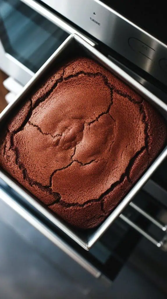 a fully baked chocolate cake in a rectangular baking pan, the top slightly cracked and fluffy