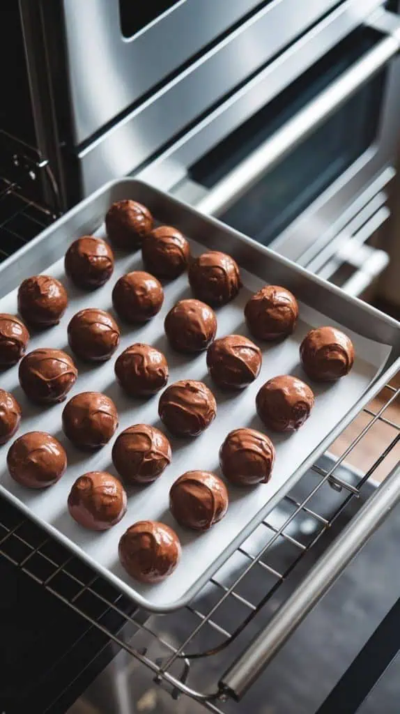 chocolate cake balls firming up on a baking sheet inside a fridge, slightly glossy from the frosting