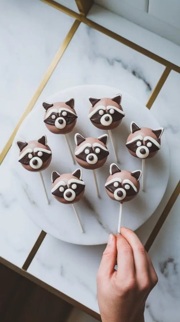 Starbucks copycat raccoon cake pops, each pop coated in smooth milk chocolate with white candy melts for eyes, mini chocolate chips for ears, and black icing details to create the raccoon face