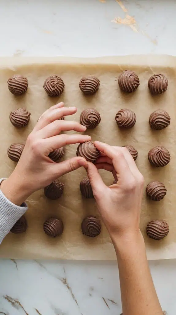hands rolling chocolate cake and frosting mixture into smooth balls and placing them evenly spaced on parchment paper