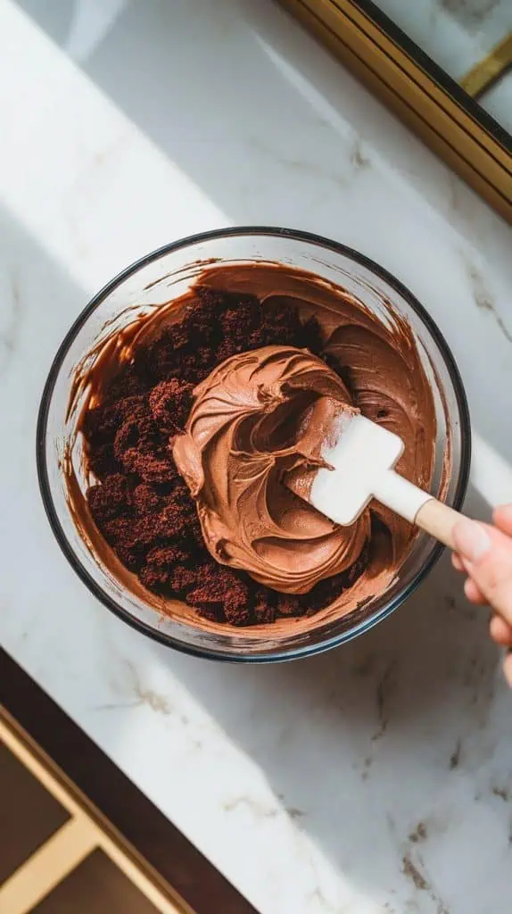 glossy milk chocolate wafers halfway melted in a bowl, being stirred into a smooth liquid with a spoon