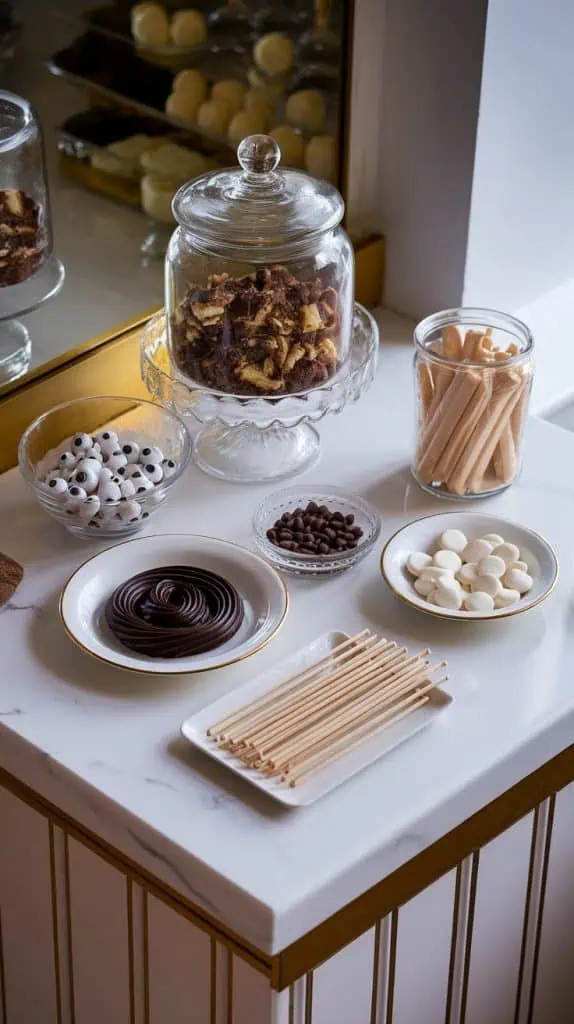 ingredients for Starbucks copycat raccoon cake pops: crumbled baked chocolate cake in a clear glass jar, creamy chocolate frosting on a small white plate, milk chocolate melting wafers in a clear glass jar, white candy melts in a shallow plate, mini chocolate chips on a small dish, black icing piped