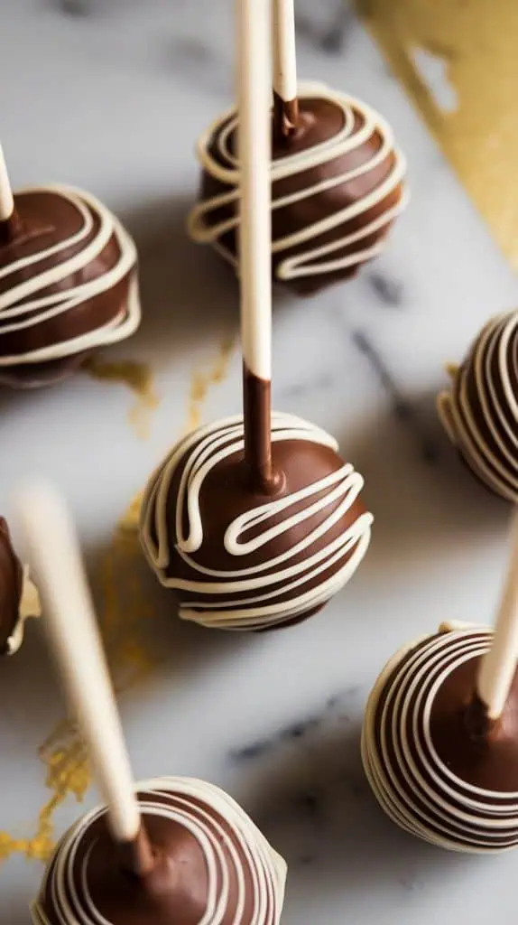 a cake pop stick being dipped in melted chocolate and gently inserted into the center of a cake ball, with several pops standing upright to set.