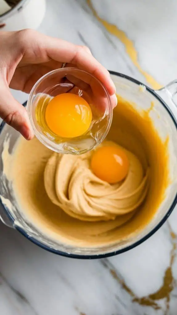 two cracked eggs being added into the butter-sugar mixture, with the batter turning smooth and creamy as it’s mixed