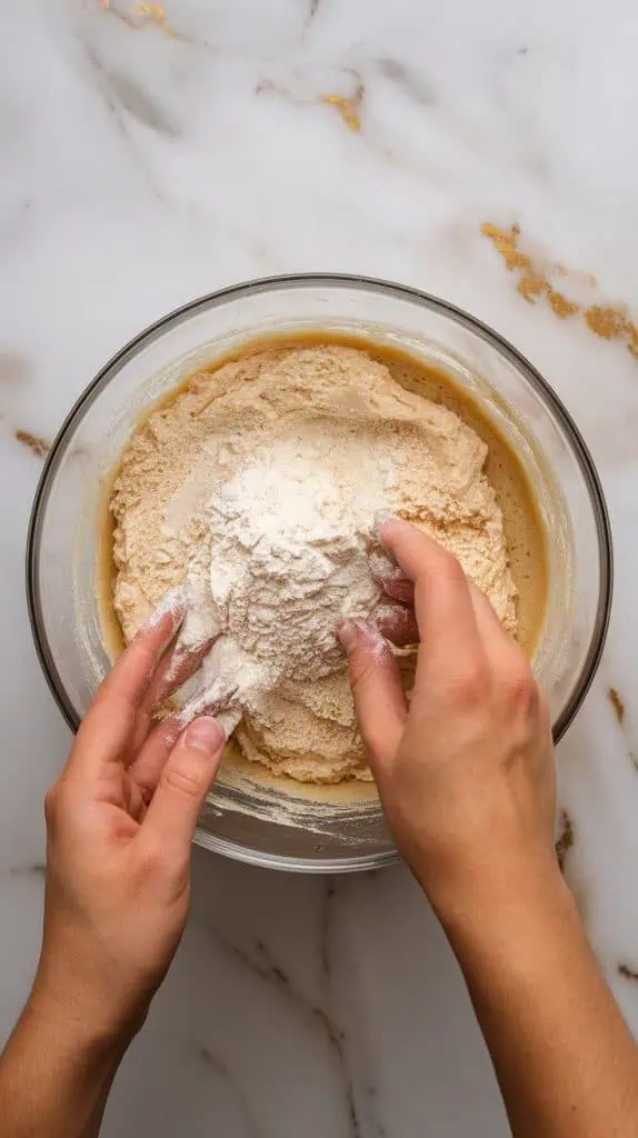 flour, baking powder, and salt being gently folded into the wet batter, forming a thick and creamy cake batter