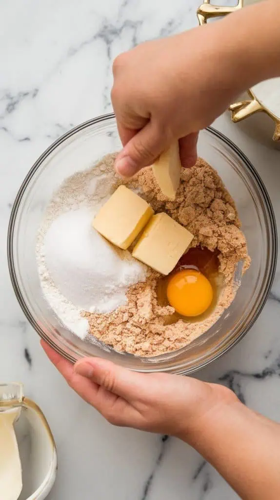 flour, sugar, baking powder, and salt in a bowl, with cold cubed butter, vanilla, and a cracked egg being mixed into a crumbly dough with fingers. 