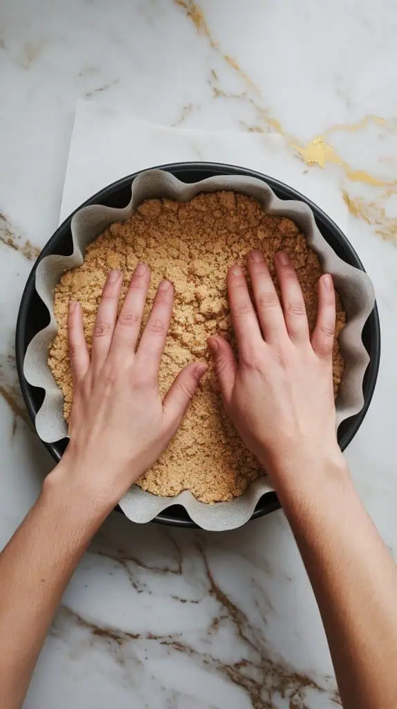 hands pressing crumbly dough into the bottom of a lined baking pan, forming an even, packed base. 
