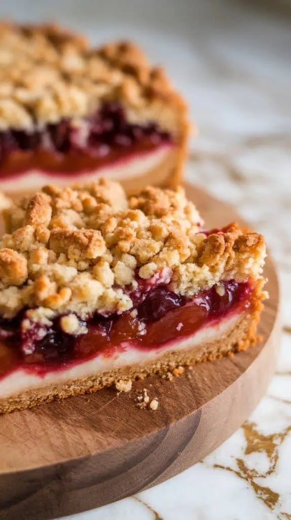 a slice of cooled plum crumble cake being lifted from the tray with a cake server, showing layers of golden crust, juicy plums, and crumb topping