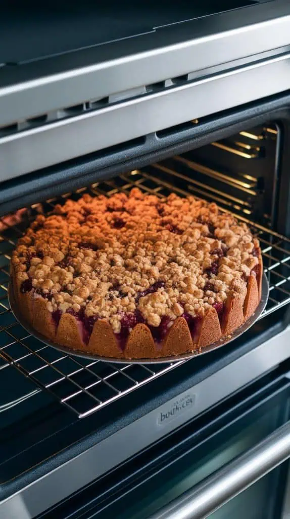 German plum cake baking in the oven, crumb topping turning golden and plum juices bubbling at the edges