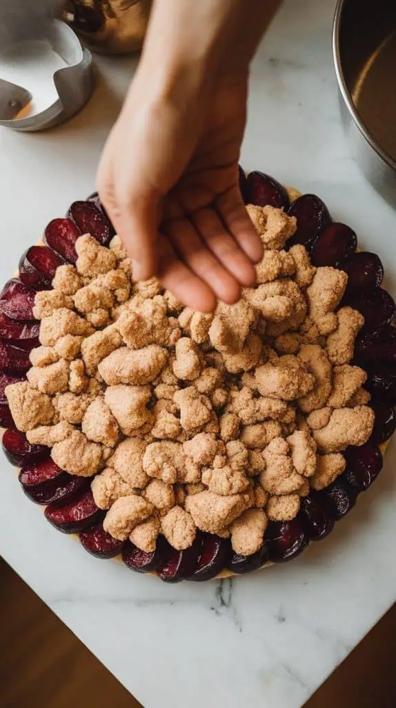  loose crumbles of dough being sprinkled by hand over the plum layer, covering it unevenly with golden chunks