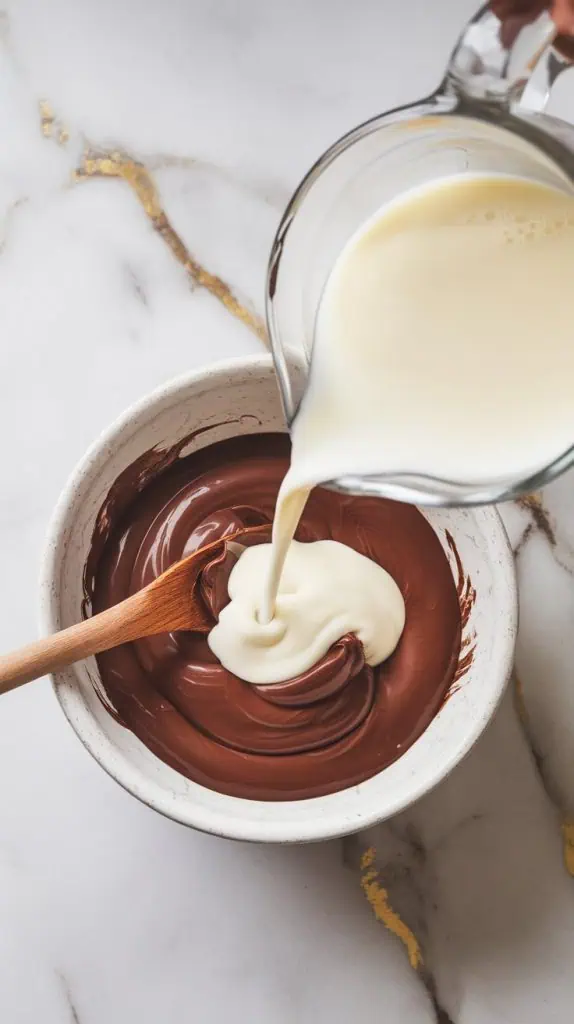 milk being poured from a clear glass pitcher into the bowl of chocolate paste, mid-stir. The mixture is getting creamier with each pour