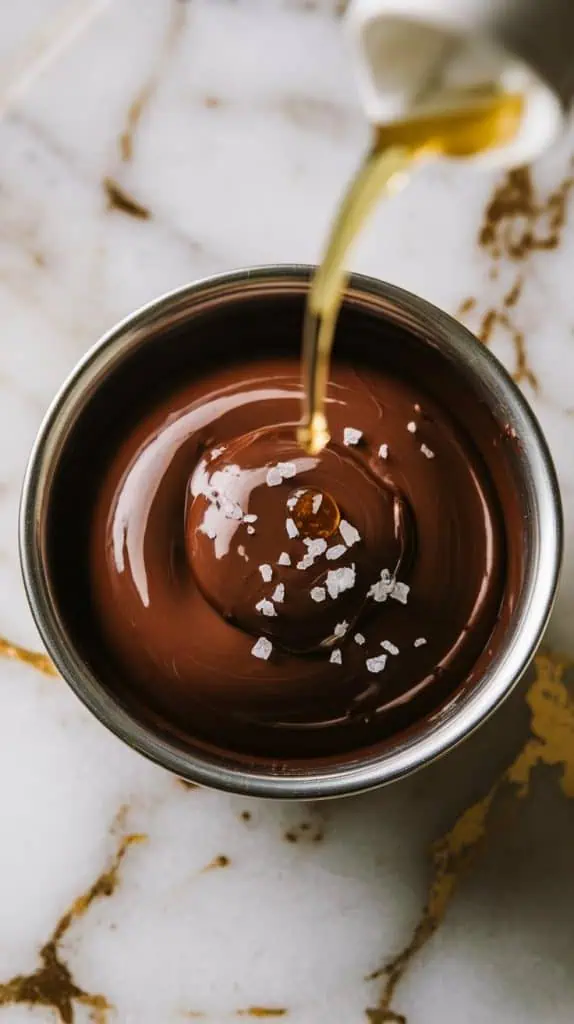 Ultra close-up of the thick chocolate paste in a bowl as vanilla extract and salt are being added. The vanilla glistens on the surface and the salt crystals are tiny and visible. On white marble counters with hints of gold. With all-natural lighting, taken with an iPhone 15 Pro, top-down shot used by recipe bloggers.