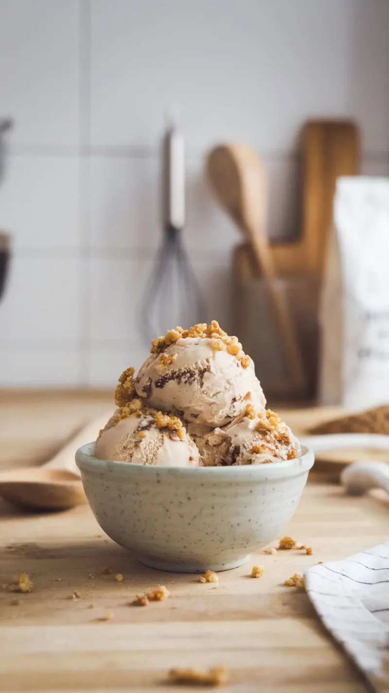 A bowl of cappuccino crunch ice cream topped with crumbs