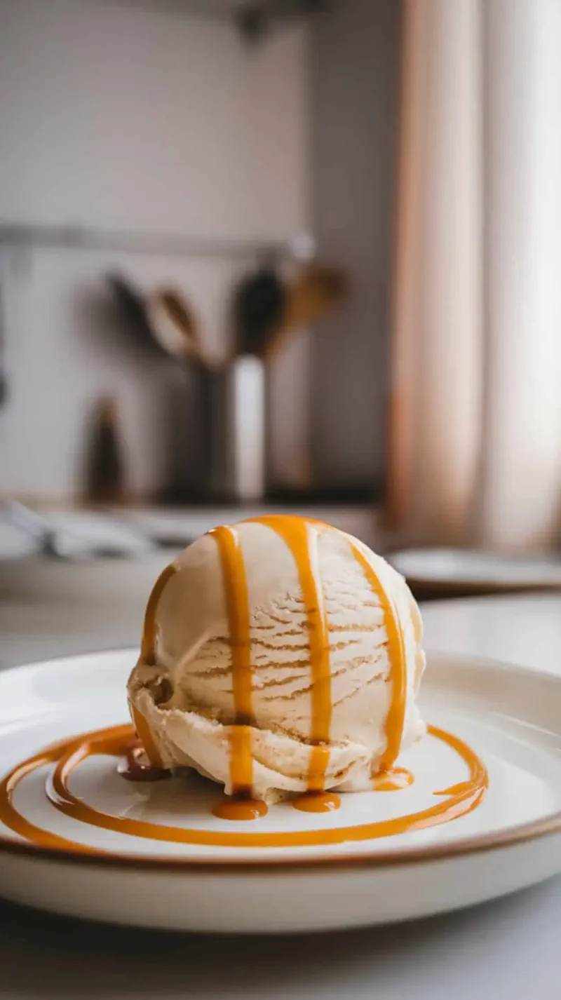 A scoop of caramel macchiato ice cream drizzled with caramel sauce on a plate.