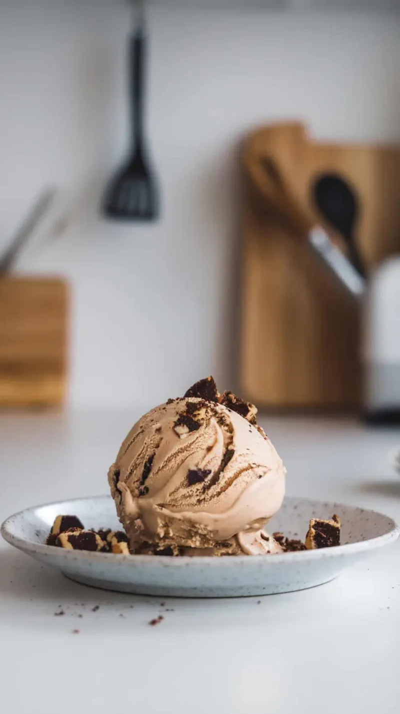 A scoop of cold brew cookie ice cream on a plate, topped with cookie crumbles.