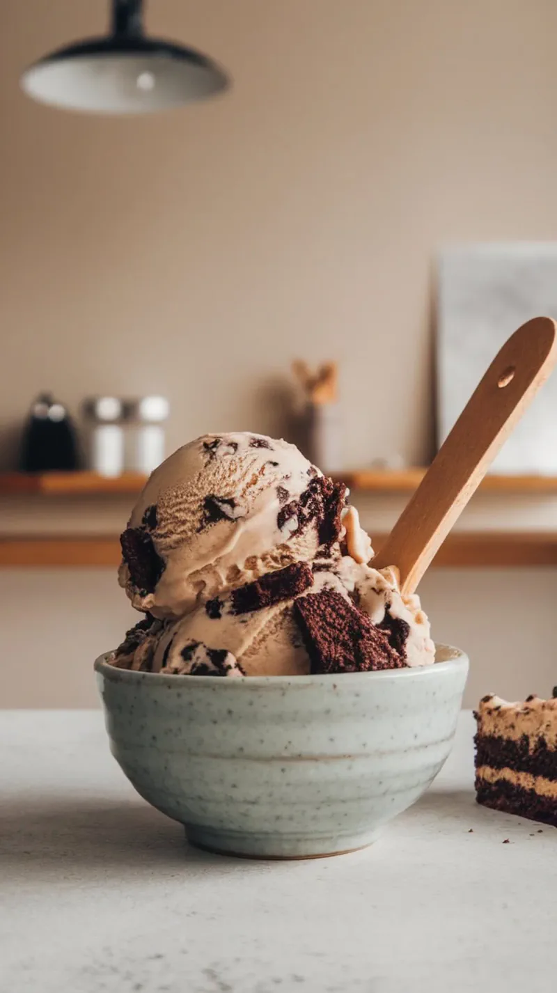 A bowl of espresso brownie coffee ice cream topped with brownie pieces and a wooden spoon.