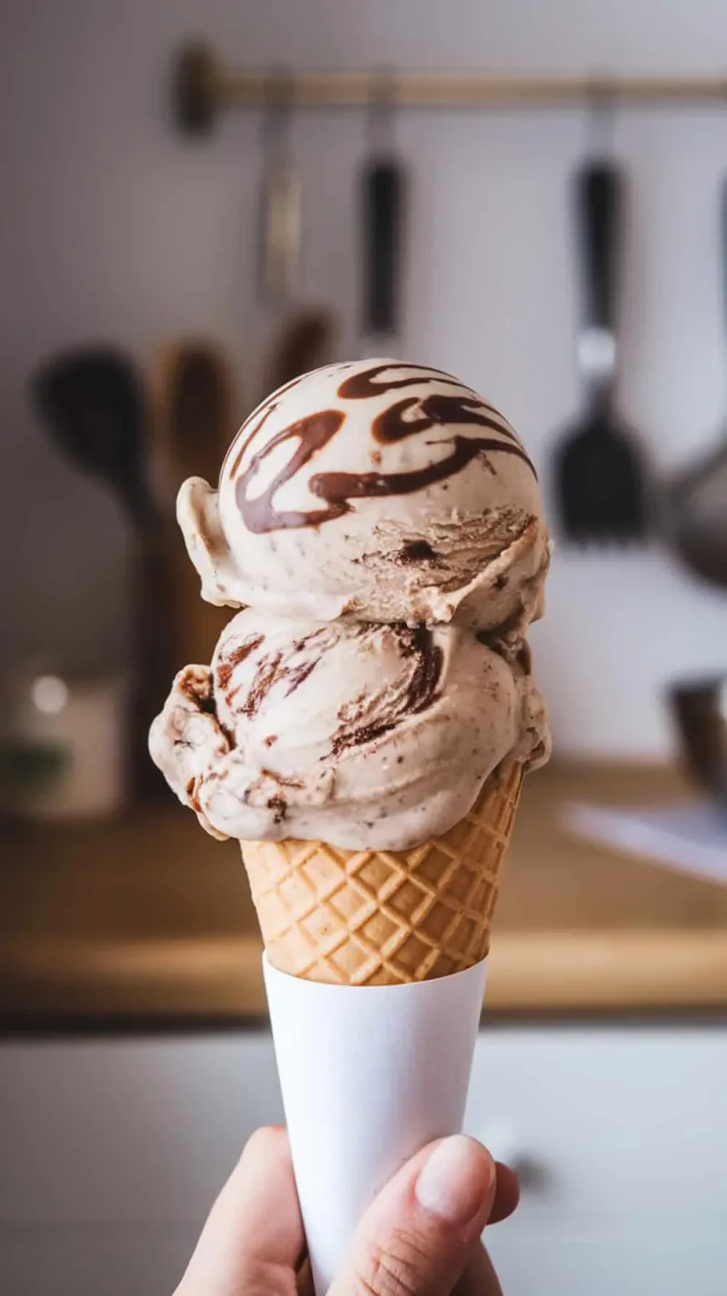 A scoop of Hazelnut Fudge Coffee Ice Cream in a waffle cone.