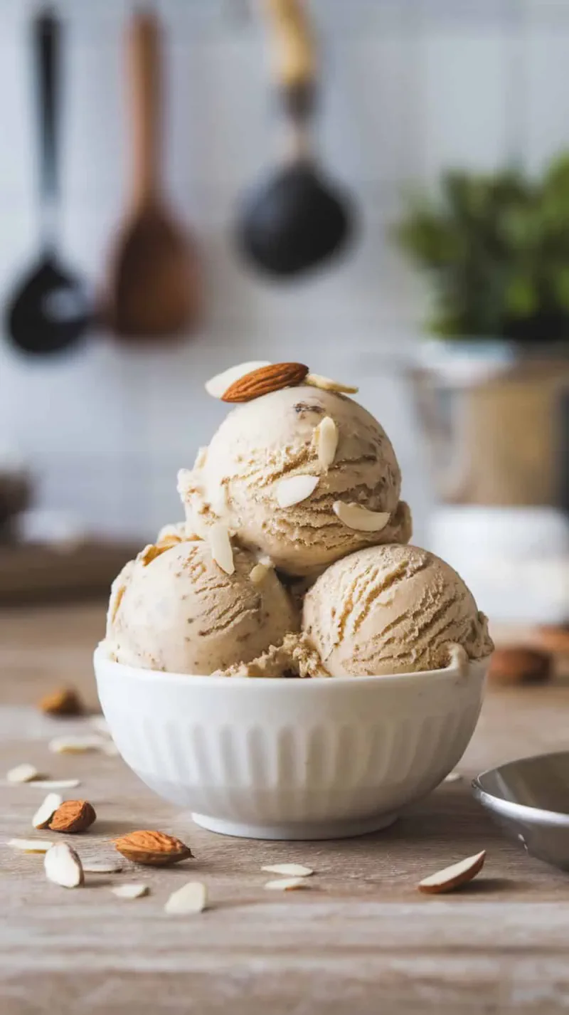 A bowl of honey almond coffee ice cream with almonds on top.