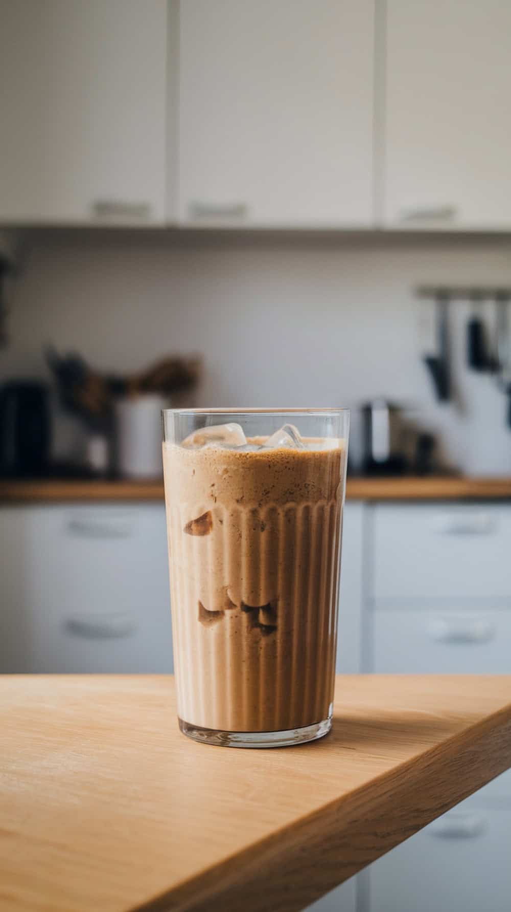 A refreshing banana protein coffee smoothie in a glass