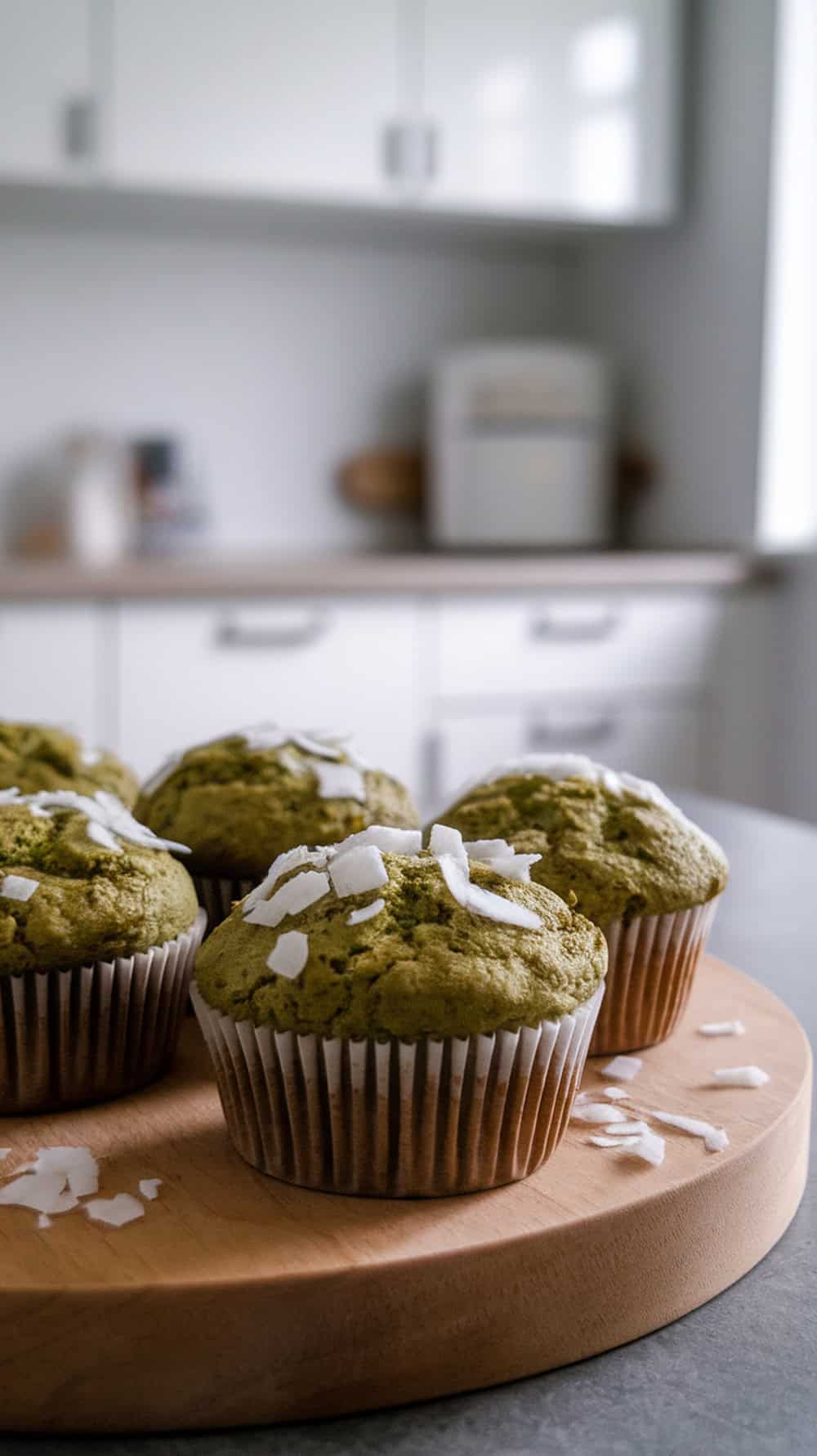 A wooden board with matcha banana coconut muffins topped with coconut flakes.
