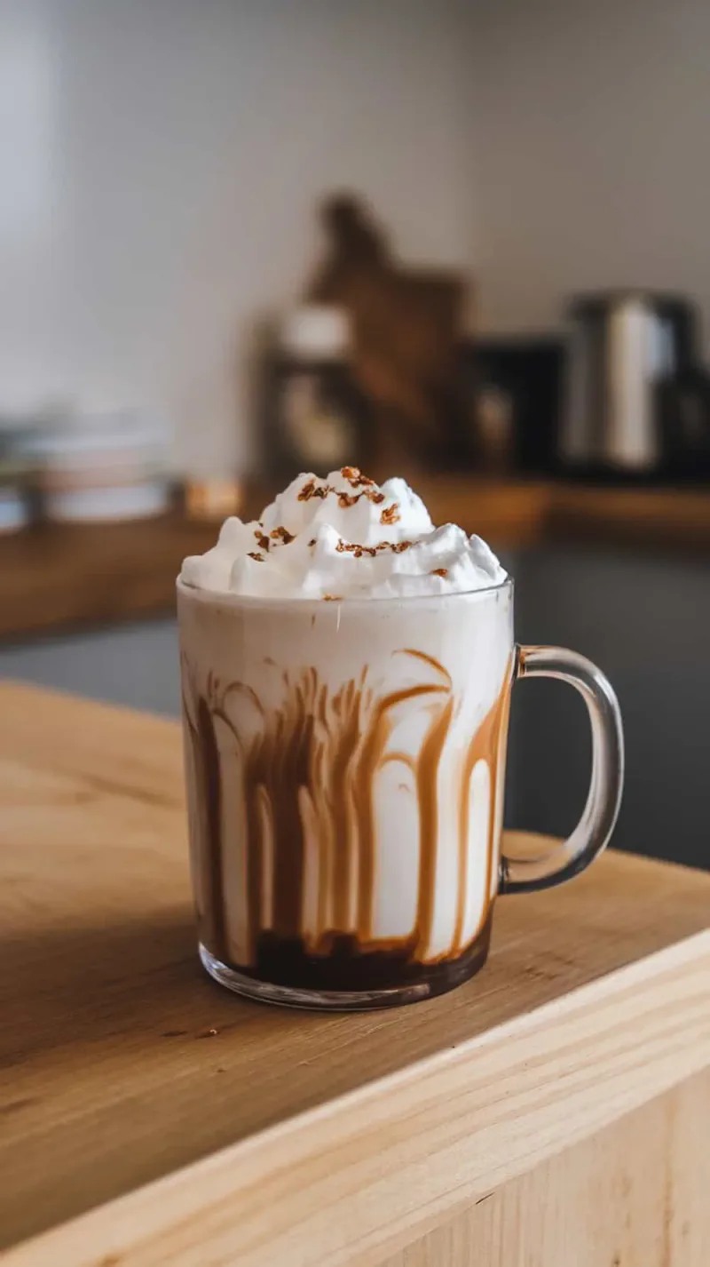 A glass of salted caramel mocha topped with whipped cream and caramel drizzle.