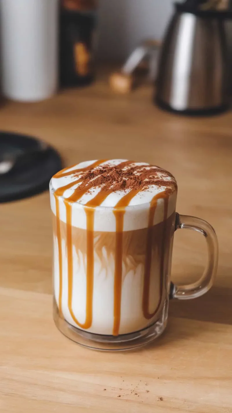 A delicious caramel macchiato topped with caramel drizzle on a wooden table.