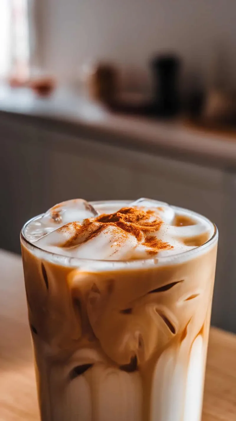Iced Pumpkin Spice Latte in a glass with ice and sprinkled cinnamon on top