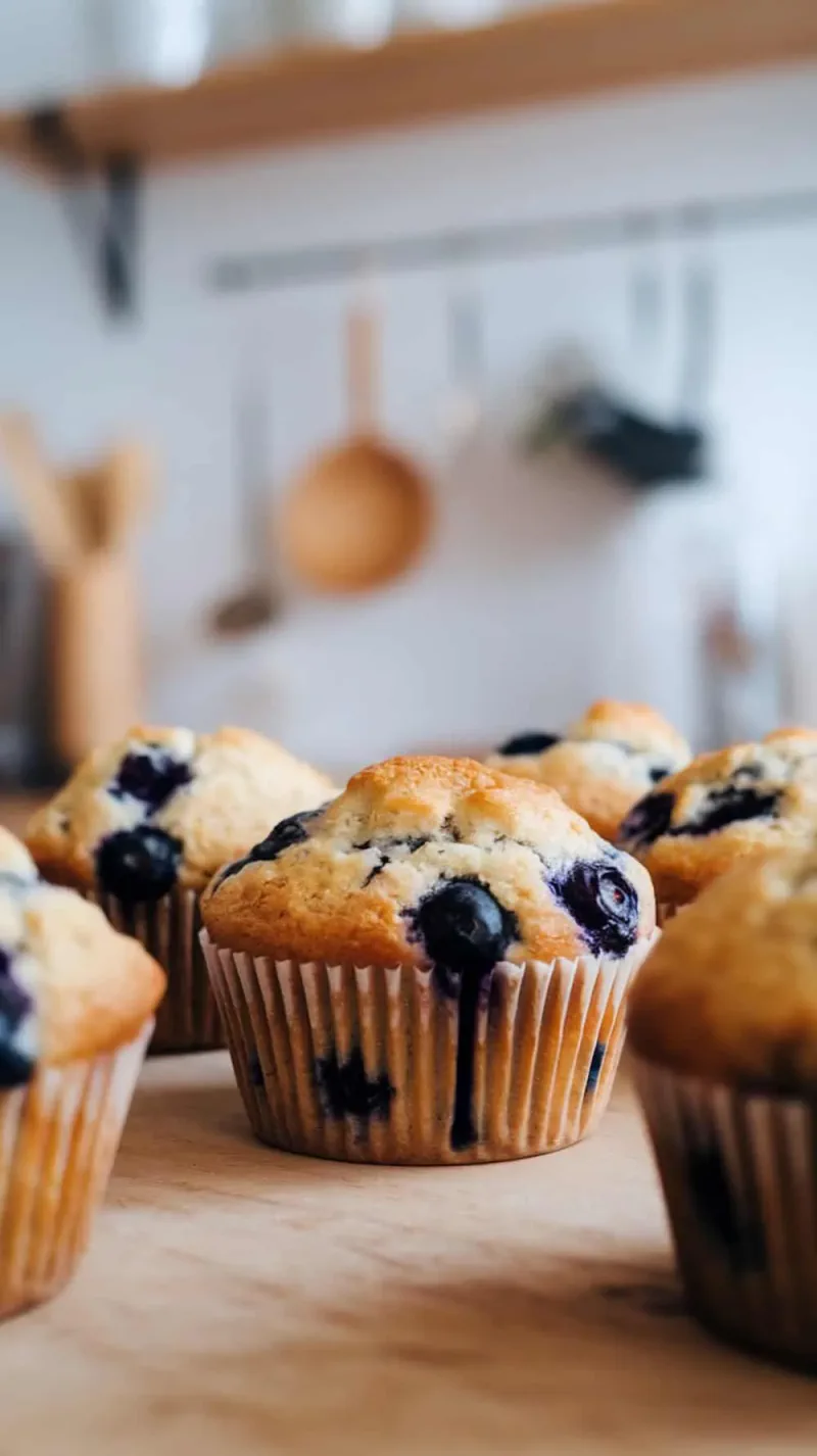 Freshly baked blueberry muffins on a wooden table