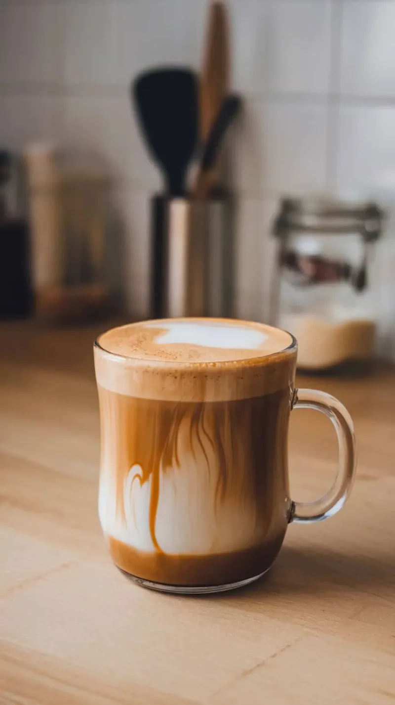 A warm smoked butterscotch latte in a glass mug, sitting on a wooden table.