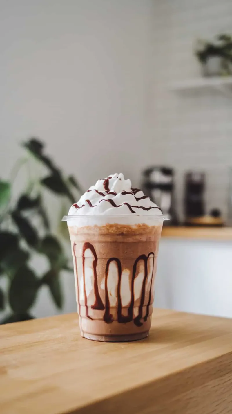 A delicious Coconut Mocha Frappuccino topped with whipped cream and chocolate drizzle.