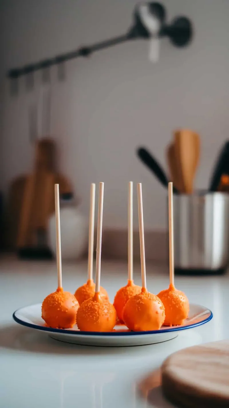 Plate of orange cream cake pops on sticks