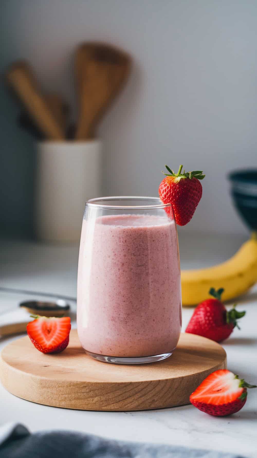 A refreshing strawberry banana smoothie in a glass, surrounded by fresh strawberries and a banana.
