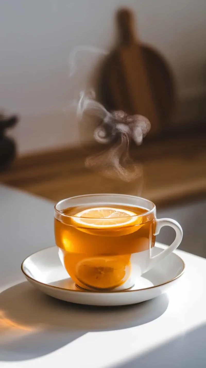 A cup of Honey Citrus Mint Tea with a lemon slice.