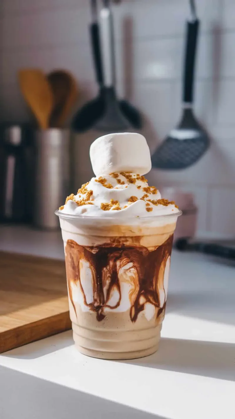 A close-up of a S’Mores Frappuccino topped with whipped cream and a marshmallow.
