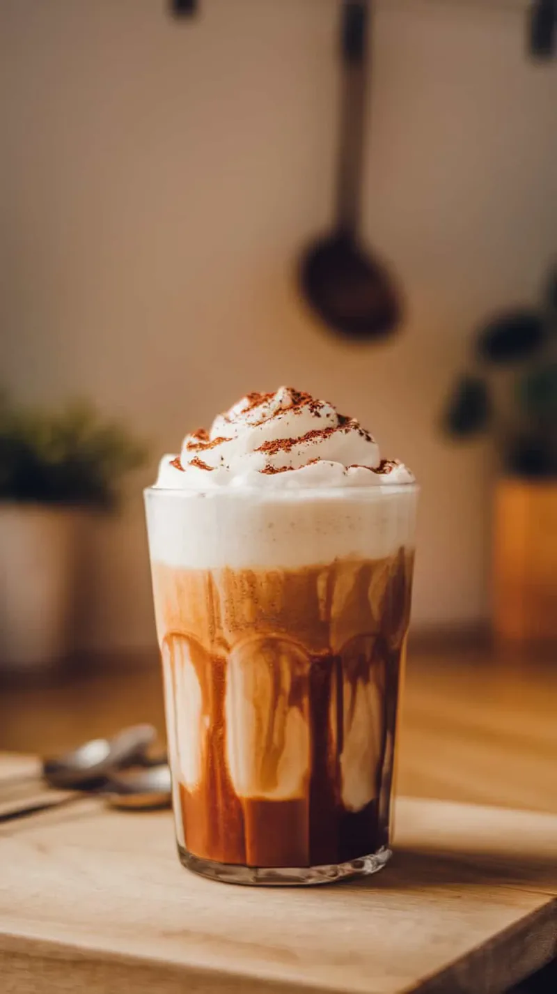 A delicious Vanilla Bean Frappuccino topped with whipped cream and chocolate shavings in a clear glass.
