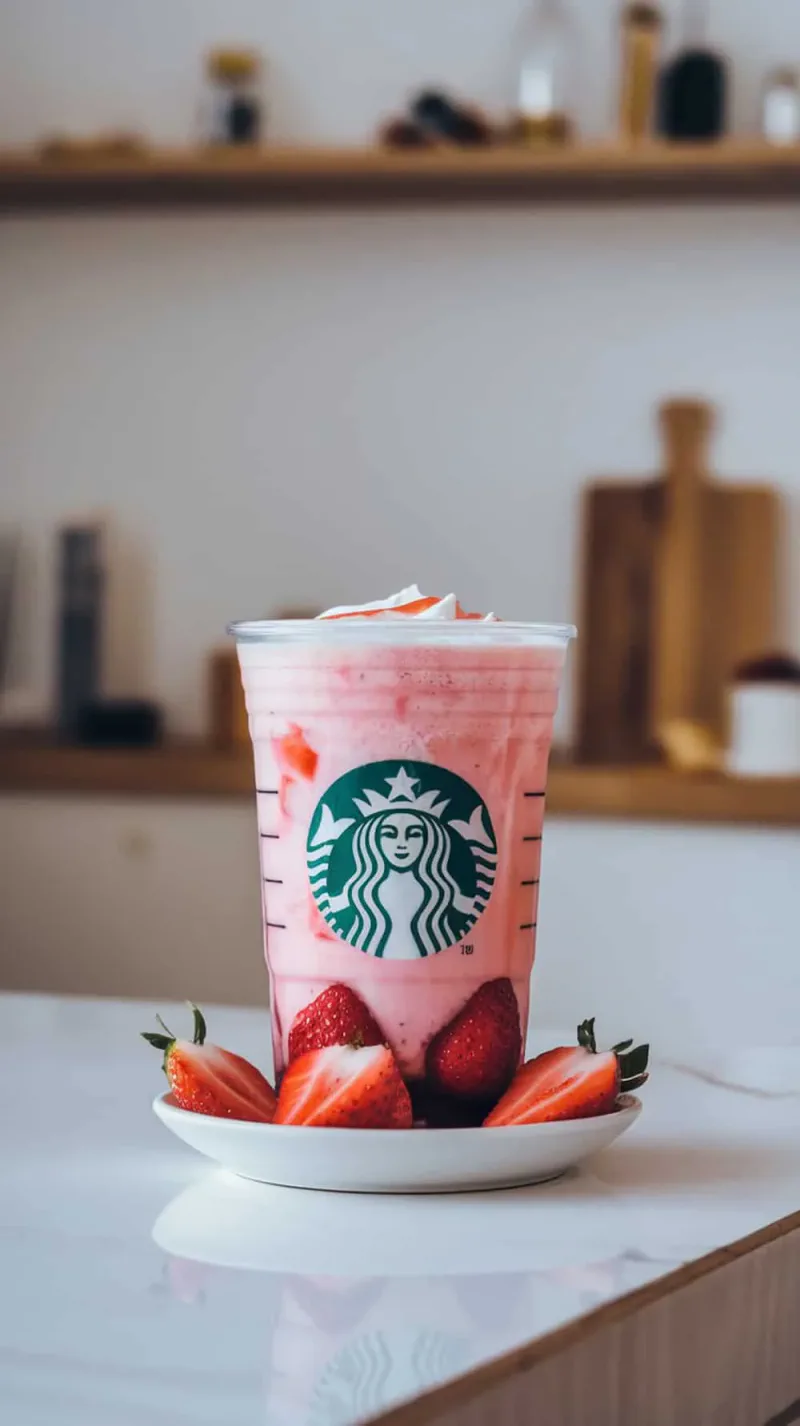 A refreshing Pink Drink from Starbucks with strawberries on the side.