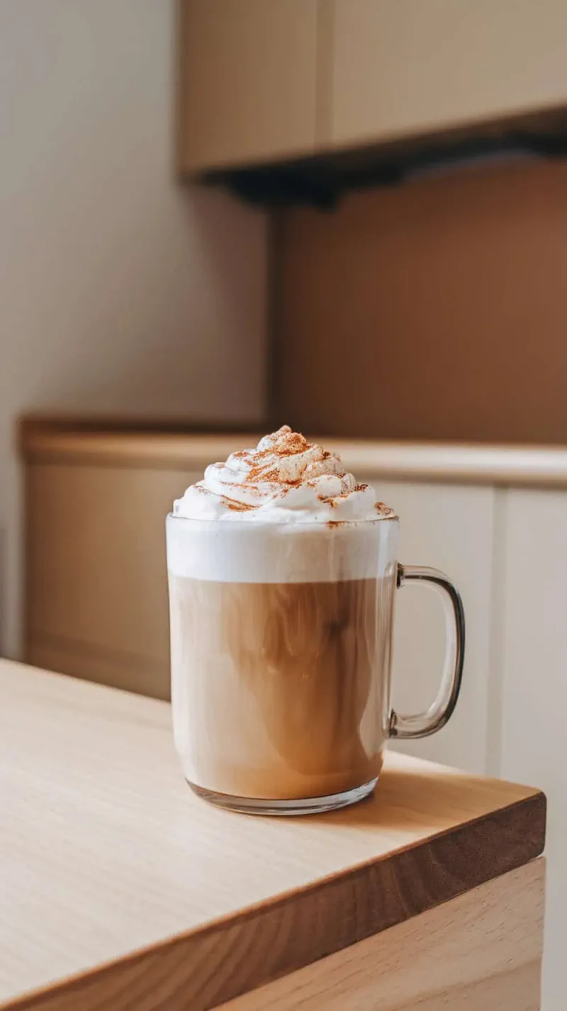 A close-up of a Cinnamon Dolce Latte topped with whipped cream and cinnamon.
