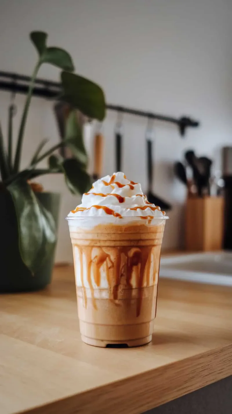 A delicious caramel ribbon crunch drink with whipped cream and caramel drizzle