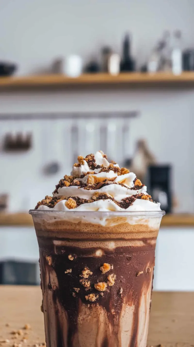 Mocha Cookie Crumble Frappuccino topped with whipped cream and cookie crumble