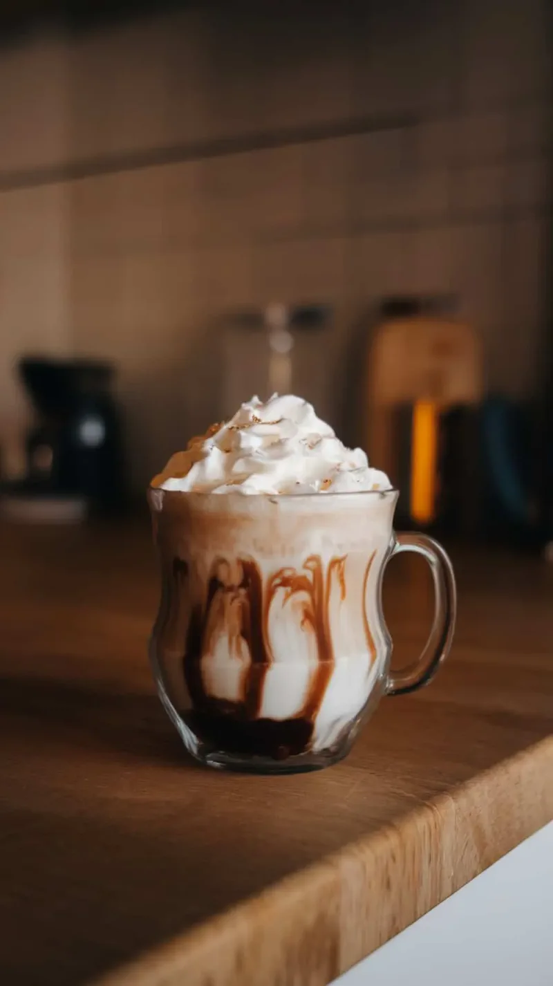 A delicious white chocolate mocha topped with whipped cream in a clear glass mug on a wooden countertop.
