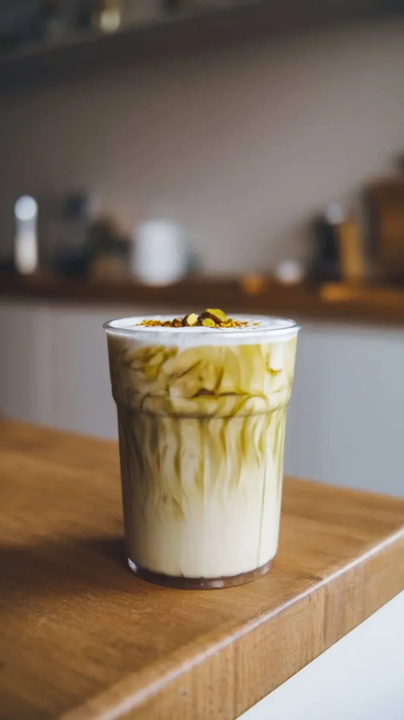 A glass of iced pistachio latte with foam and pistachio topping on a wooden table.