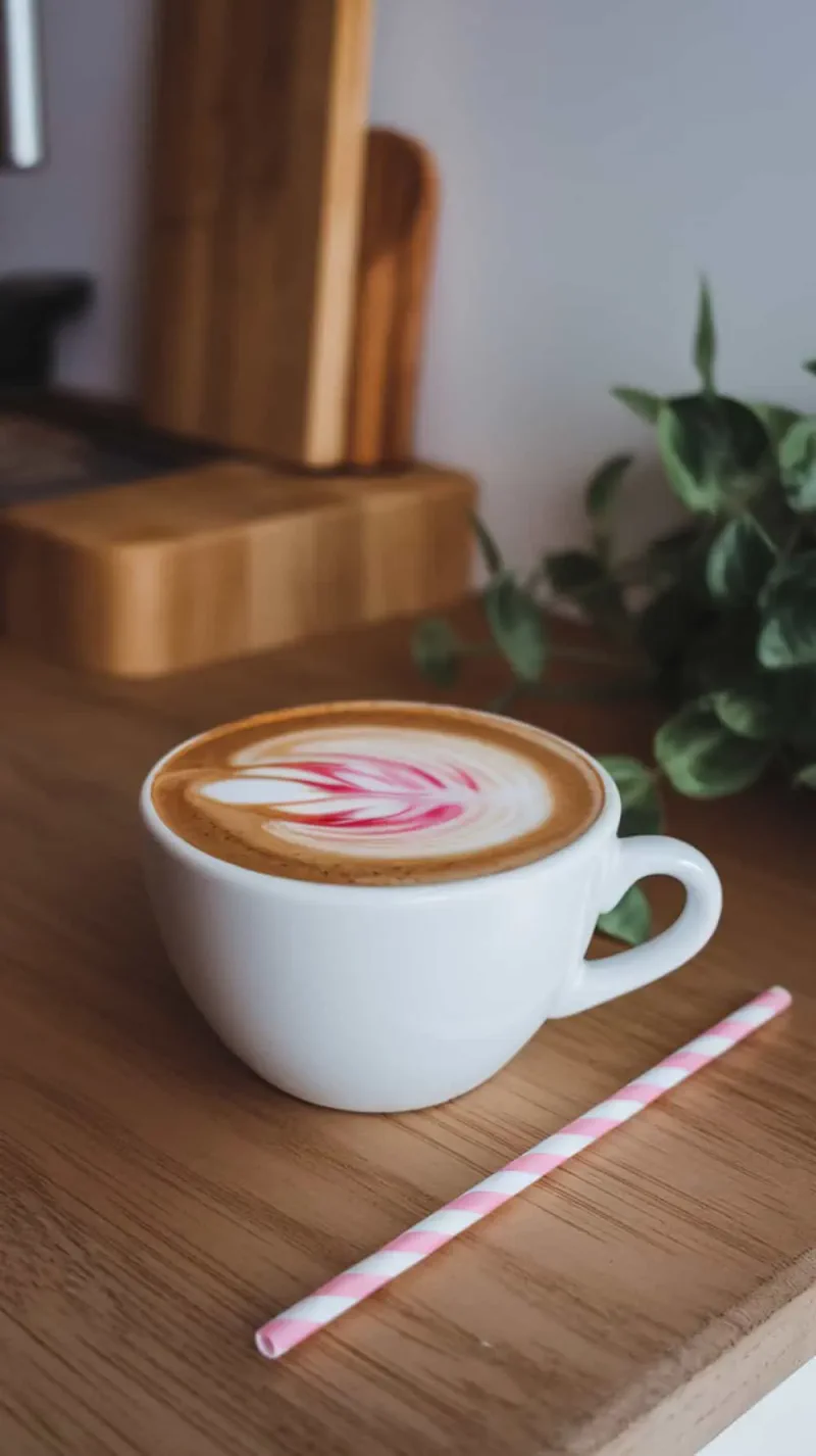 A beautifully crafted raspberry mocha latte in a white cup, topped with latte art, placed on a wooden surface with a pink straw beside it.