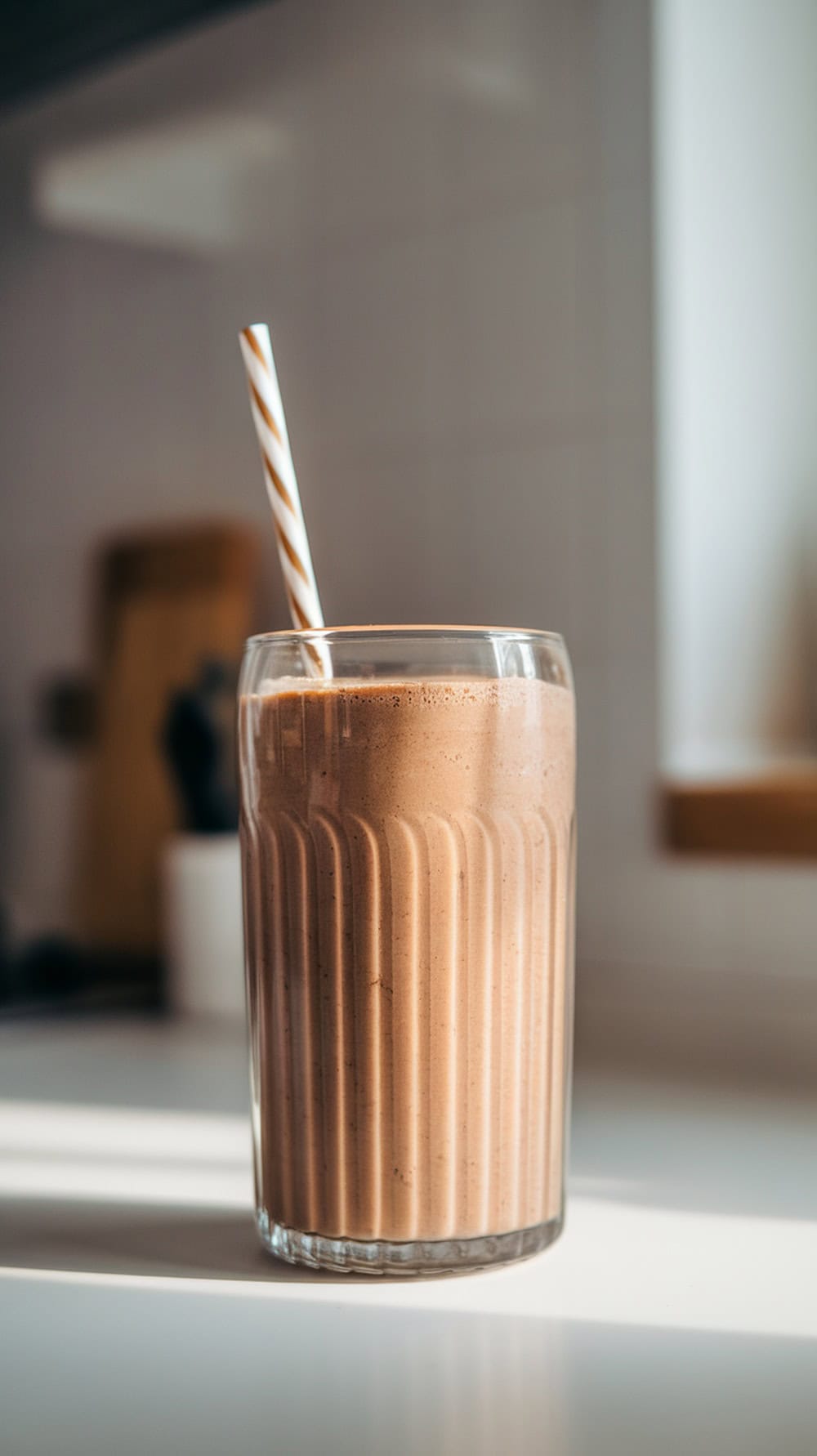 A glass of Banana Mocha Smoothie with a straw.