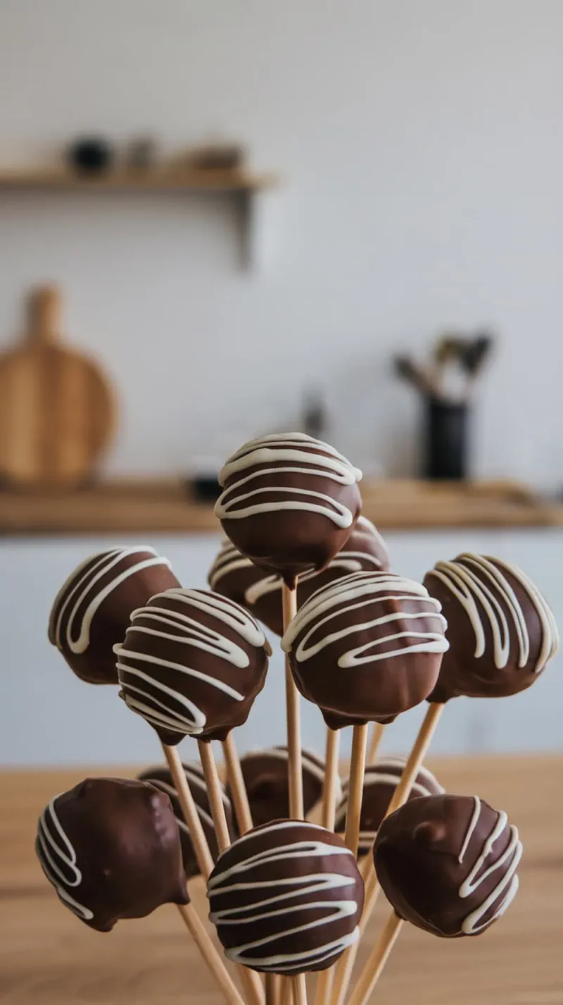 A display of chocolate cake pops with white drizzled icing on wooden sticks.