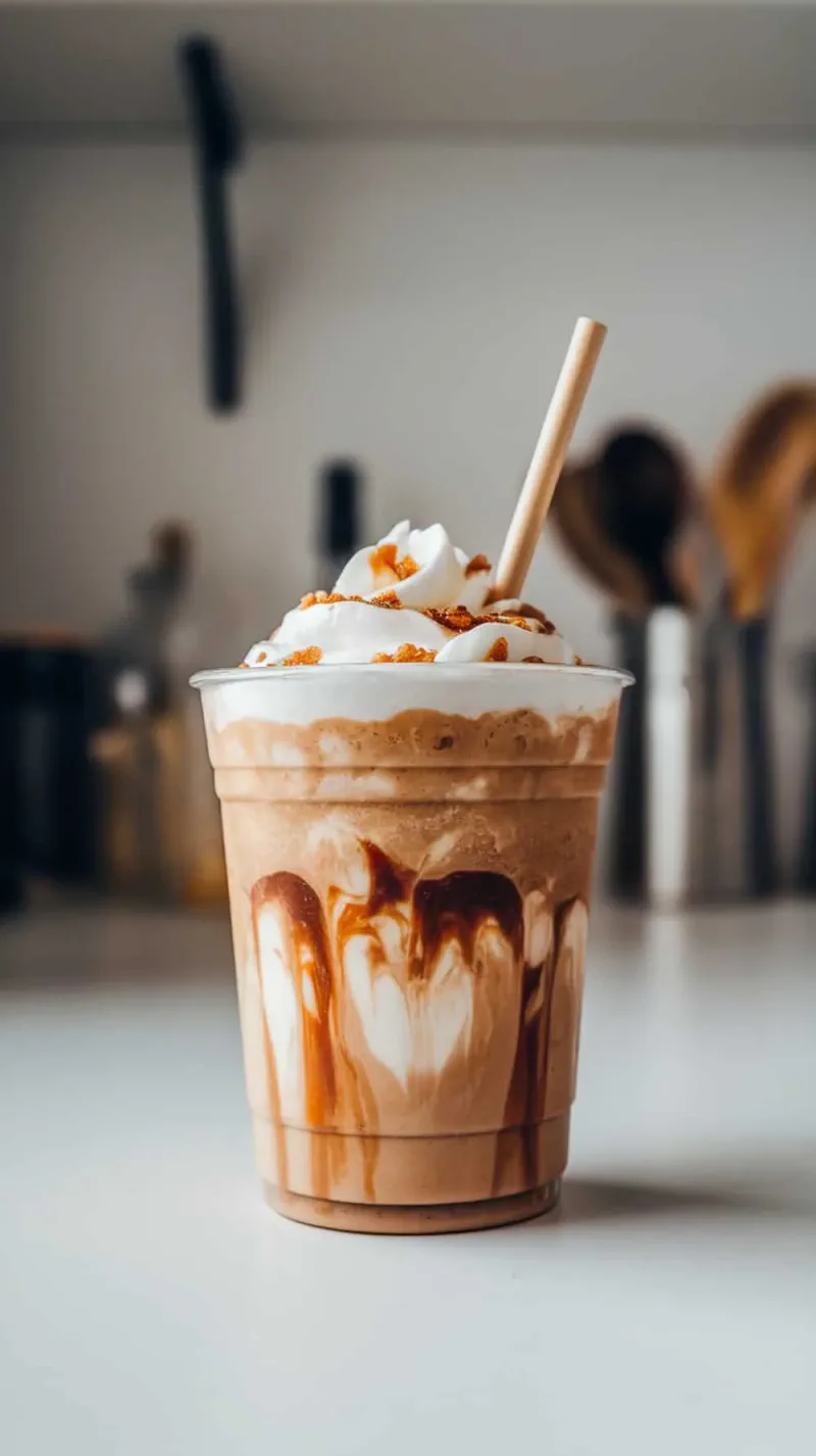A delicious toasted white chocolate frappuccino topped with whipped cream and drizzled with sauce.