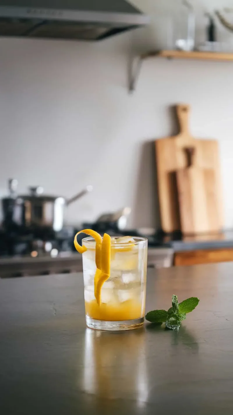 A refreshing Bourbon Limoncello Cocktail with lemon twists and mint.