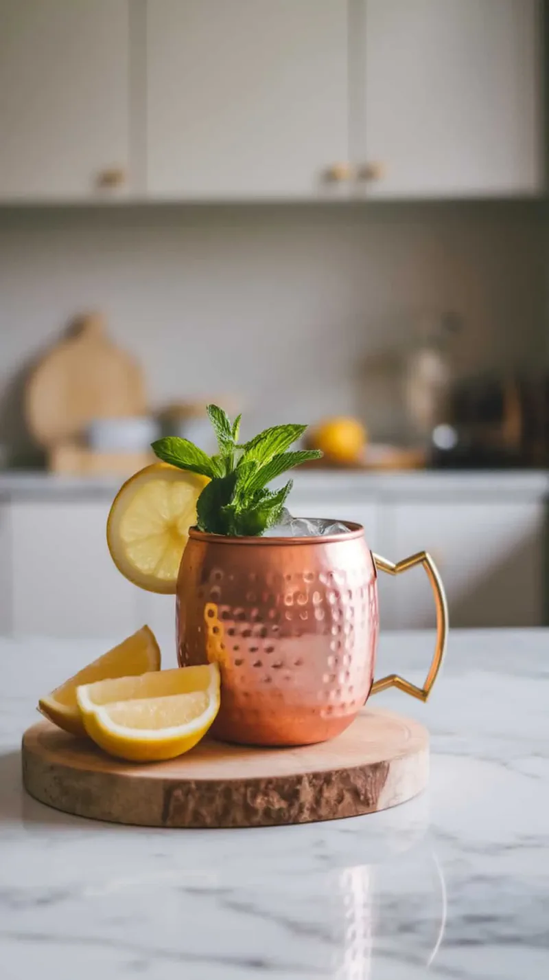 A refreshing Limoncello Moscow Mule served in a copper mug with lemon and mint.