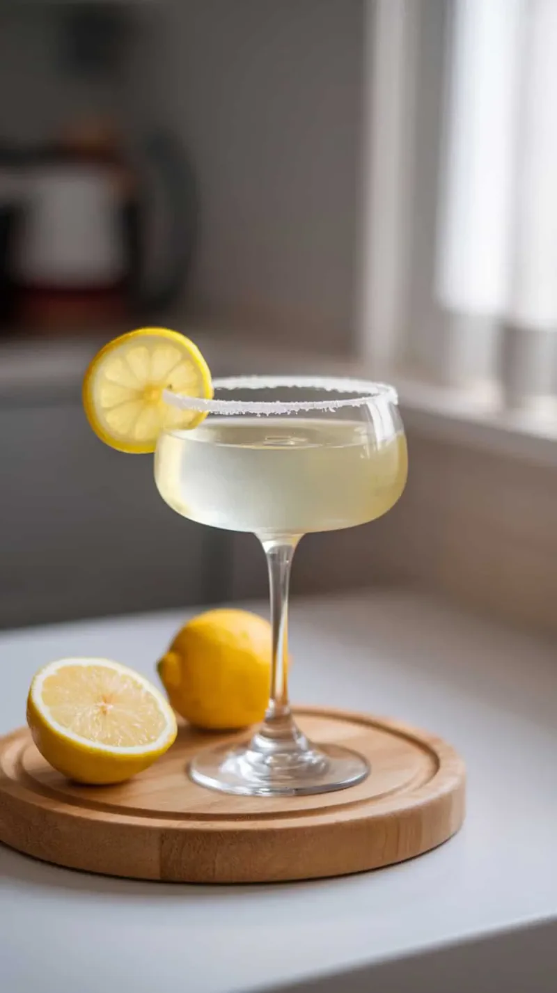 A Limoncello Lemon Drop Martini garnished with a lemon slice, sitting on a wooden tray next to fresh lemons.