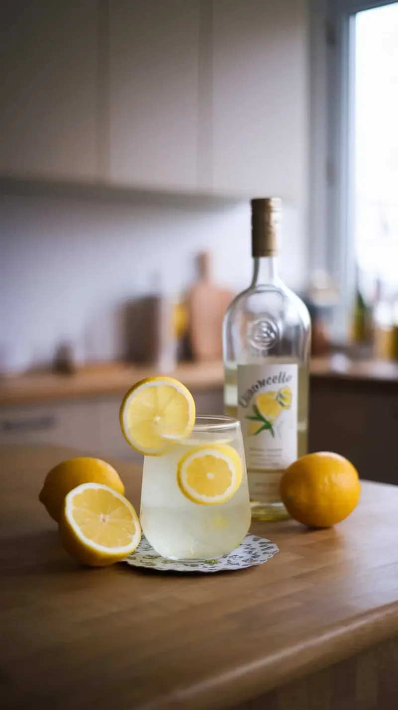 A glass of limoncello garnished with lemon slices next to a bottle and whole lemons on a wooden surface.